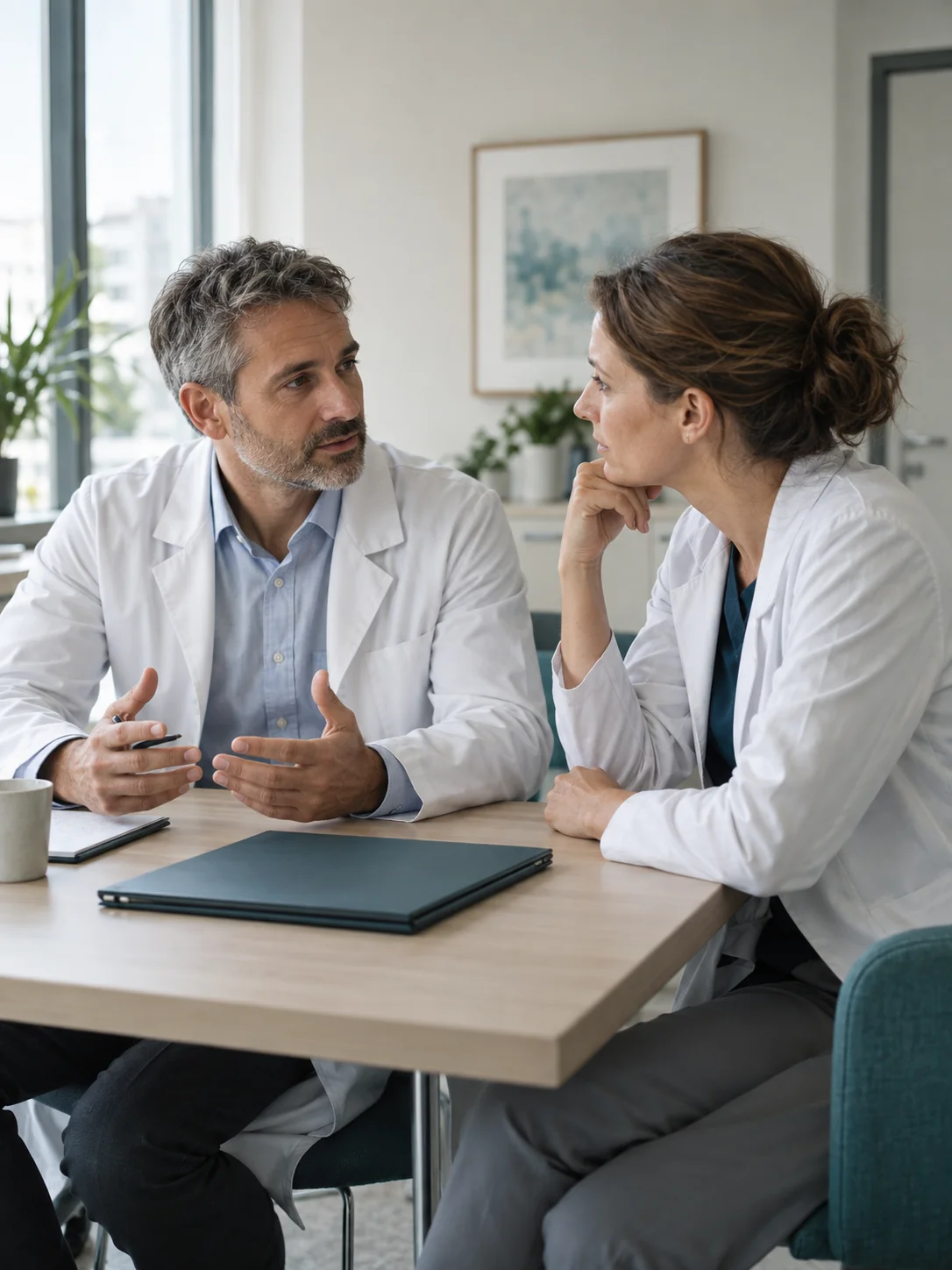 Illustrative image of two physicians discussing a study in a clinic office