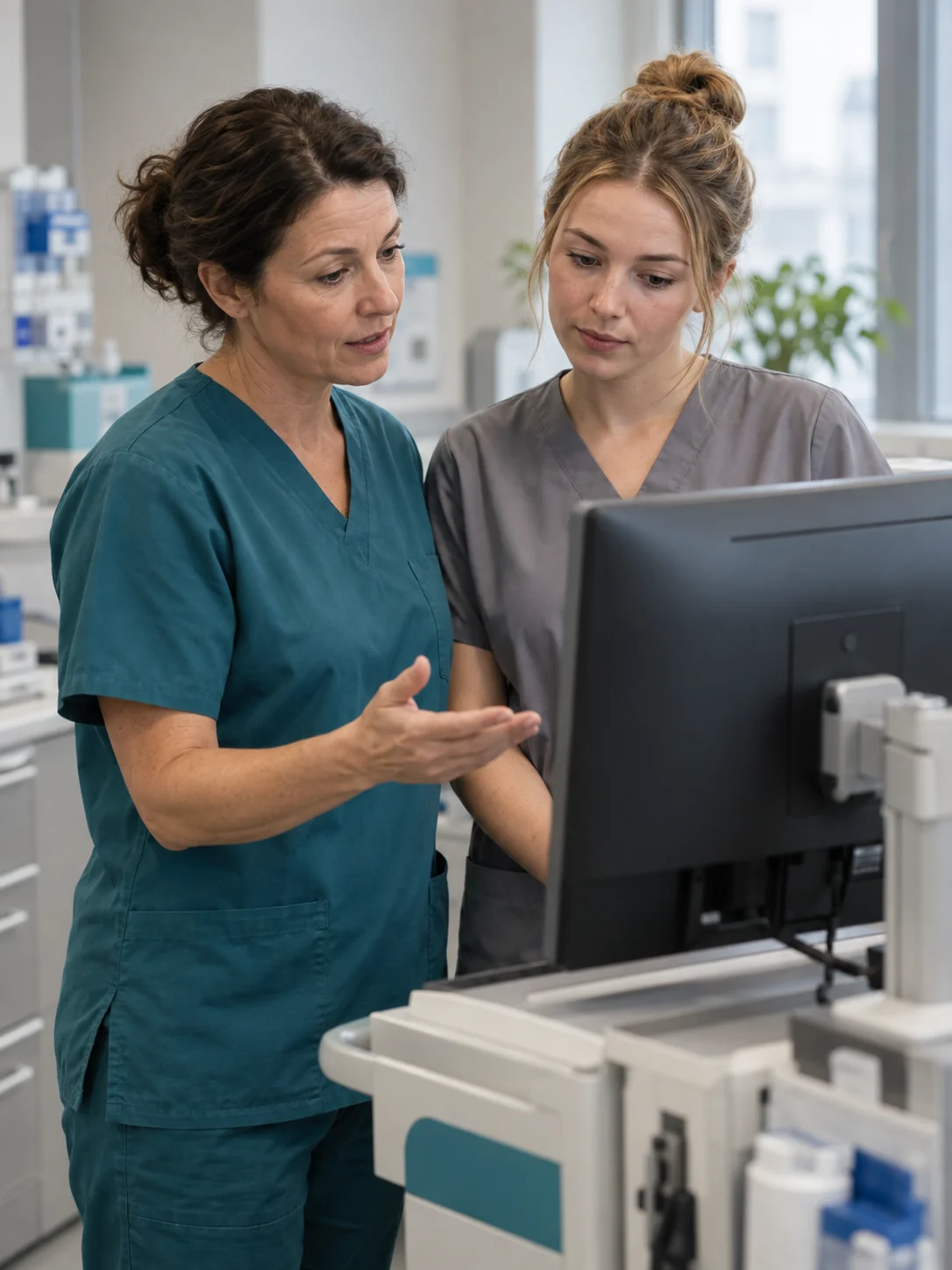 Illustrative image of an experienced research nurse coaching a colleague at a clinic workstation