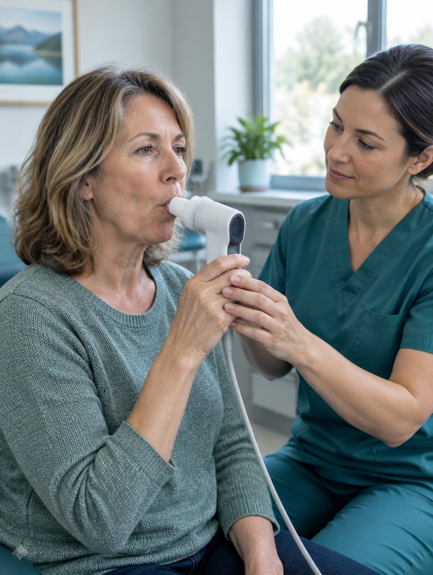A woman taking a breathing test in a clinic