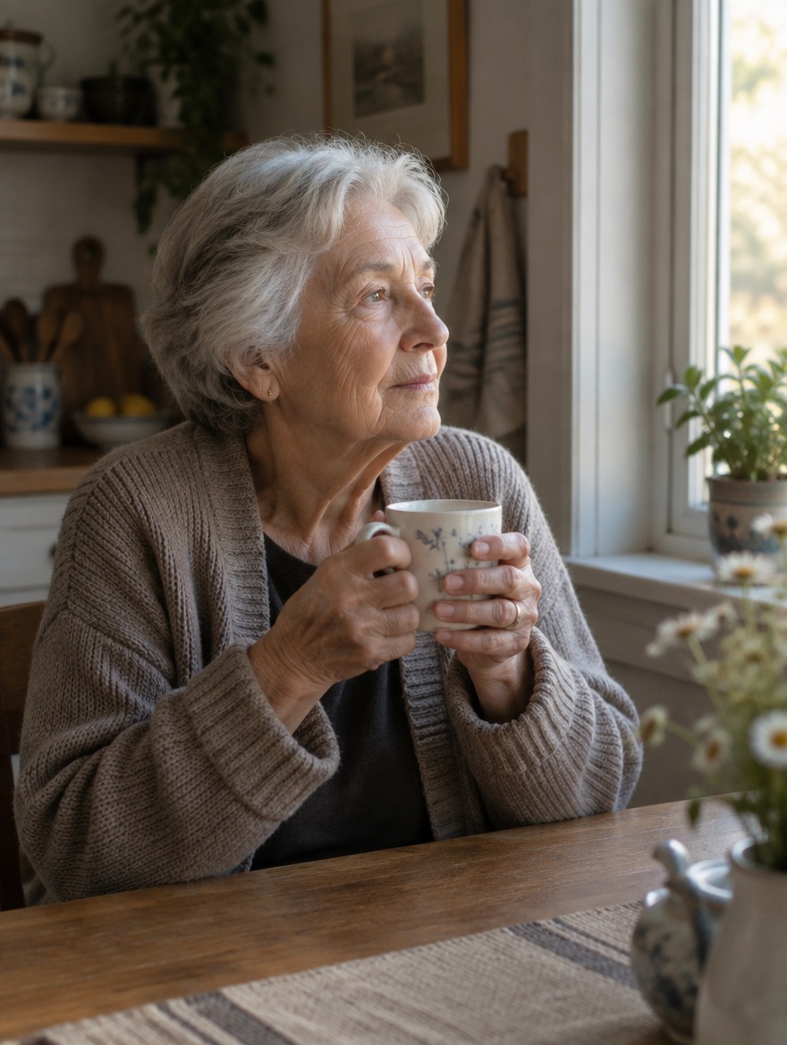An older woman at home, thoughtful, by a window