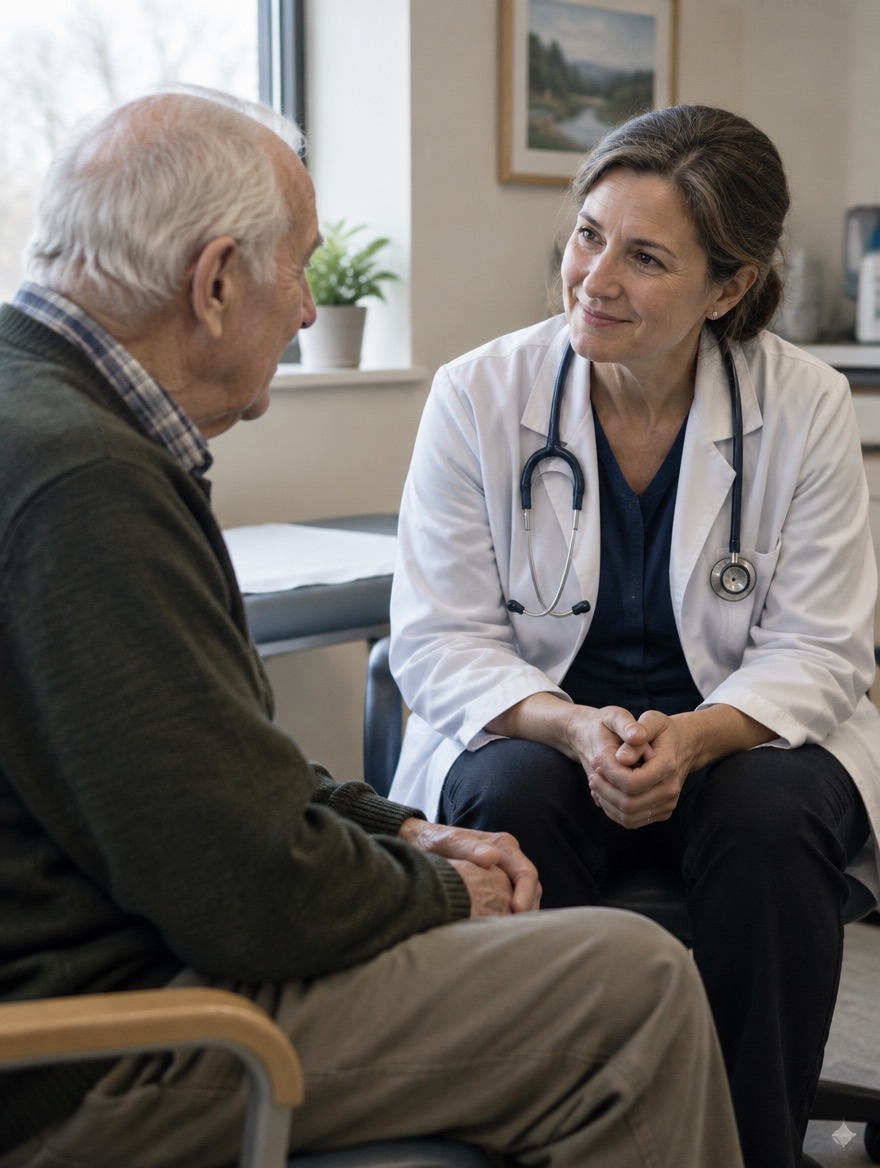 An elderly man talking with his family doctor